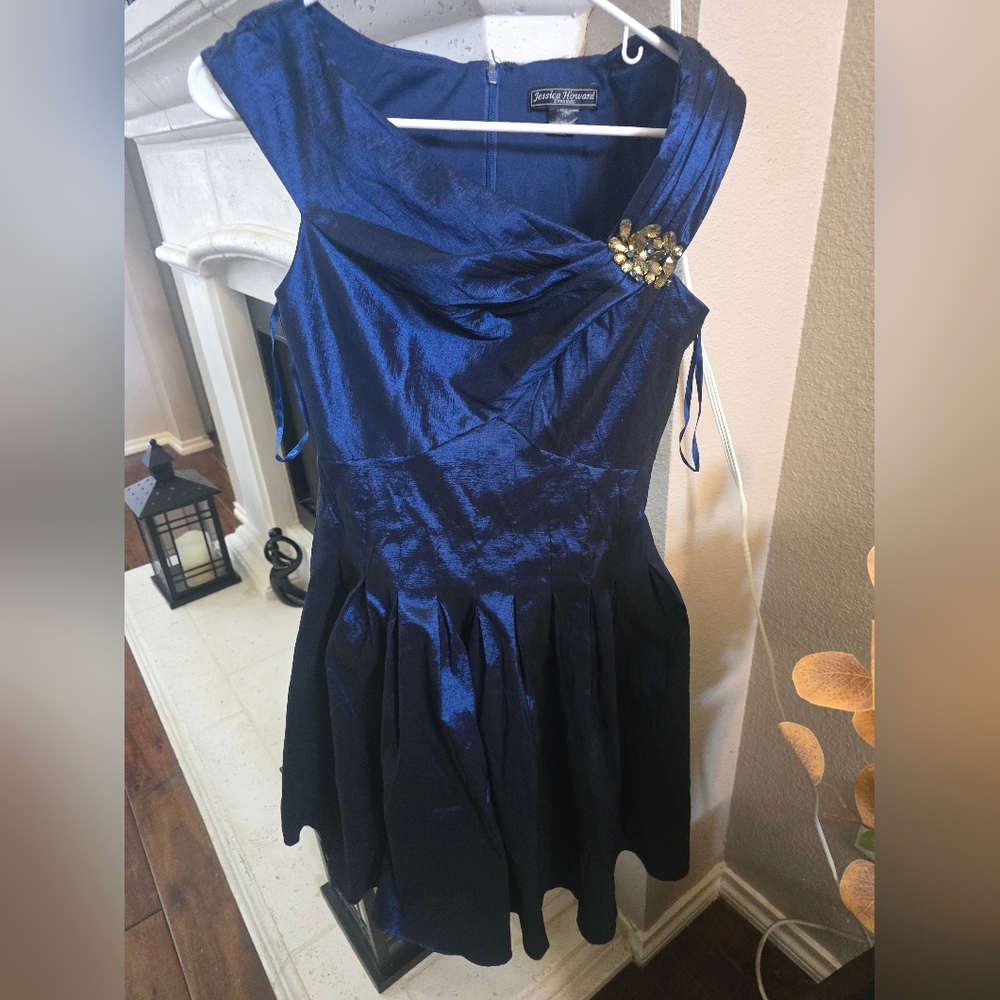 Jessica Howard Midnight Blue Satin Dress with Jeweled Accent Size 10